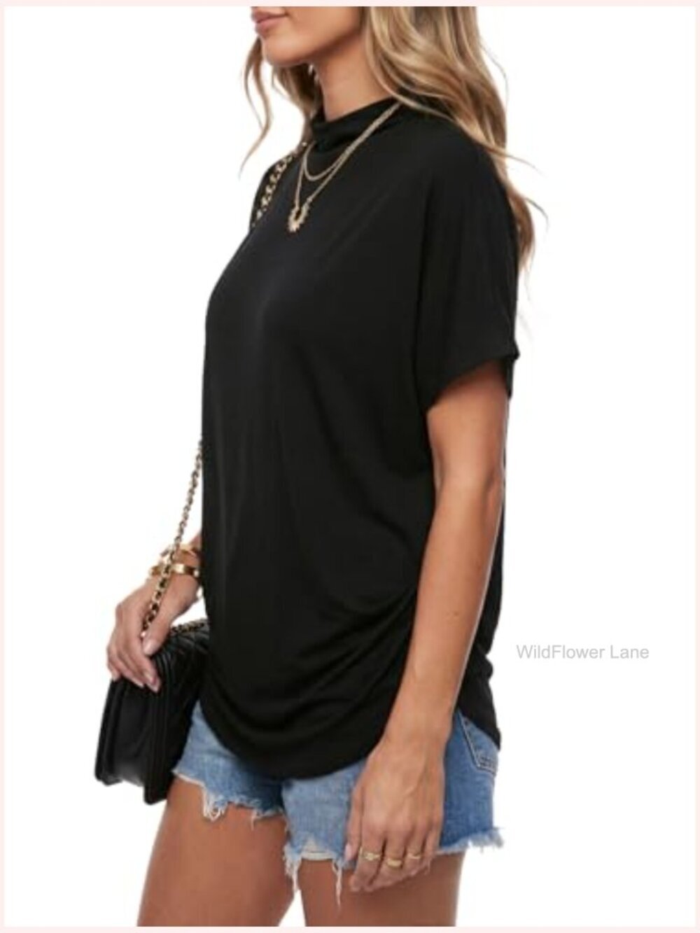 High Mock Neck Batwing Short Sleeve Blouse Asymmetric Hem Casual Top - Picture 4 of 7